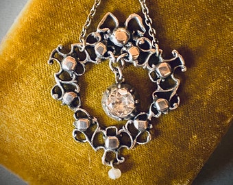 Large Georgian Black Dot Paste Sterling Heart Medallion Pendant