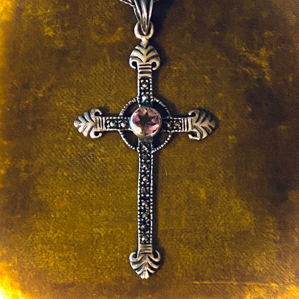 Large Antique Sterling and Amethyst Marcasite Cross Necklace with Paper Clip Chain