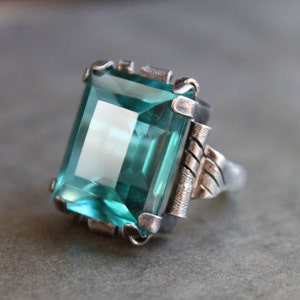 Antique Bespoke Teal Aquamarine and Sterling Arts and Crafts Statement Ring, circa 1900