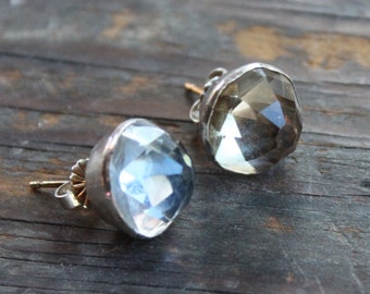 Large 1820s 9k Georgian Foiled Paste Stud Earrings / Antique Diamond Paste Victorian Earrings