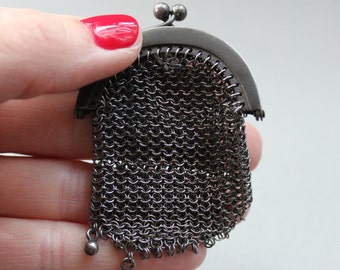 Tiny Antique French Gunmetal Mesh Chatelaine Coin Purse / Victorian Mourning