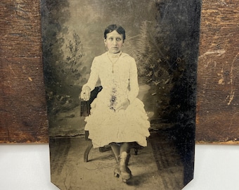 Victorian Full Length Tintype Portrait of a Beautiful Woman / Victorian Photograph with Hand Gilded Jewelry