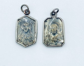 One Antique Sacred Heart of Jesus and Mary Open Faced Glazed Medal / Twin Sacred Heart Scapular Medal / Third Class Relic Medal