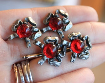 Antique French Silver Bow Cufflinks and Stud Set Garnet Glass Bow Wedding Cuff Links