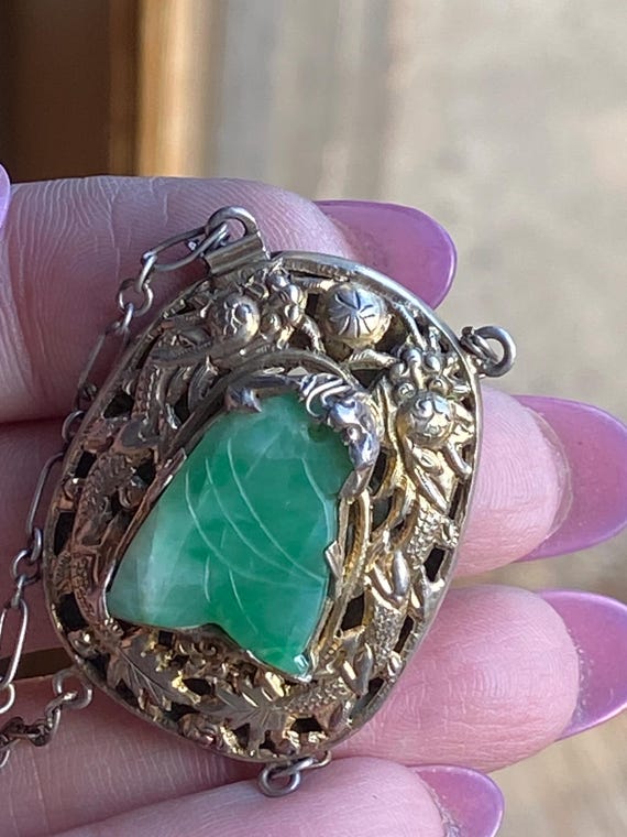 Rare 1890s Qing Dynasty Dragon Jade and Sterling Pendant / Clasp
