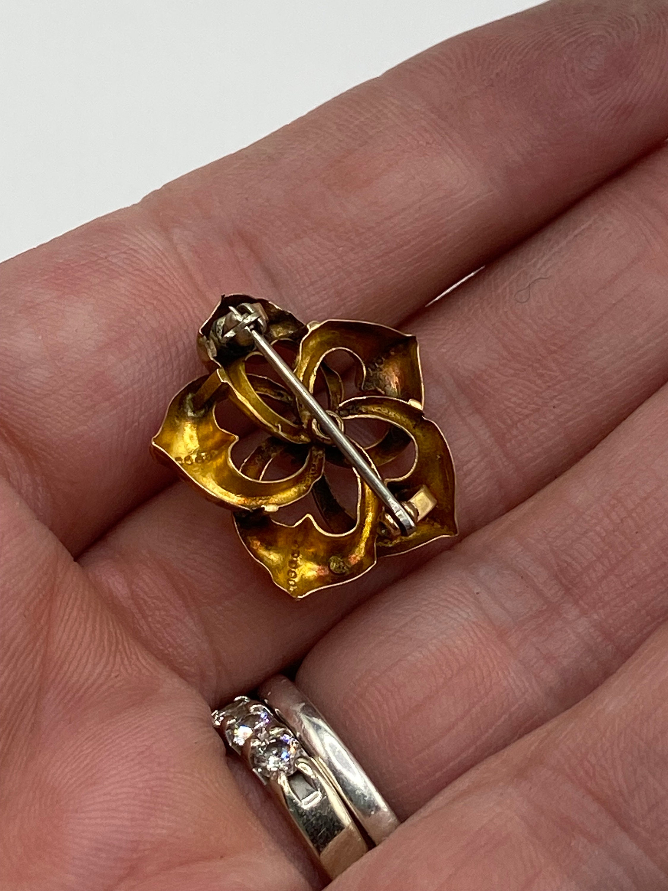 Antique Victorian Love Knot Brooch, Gold and Seed Pearl Pin