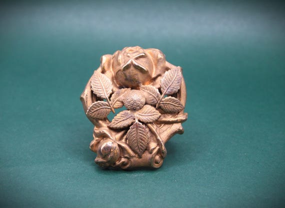 Antique Art Nouveau Floral Repousse Dress Clip Large Victorian Rose and Leaves Gilded Hair Accessory