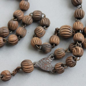 RARE Antique Saint Wilgefortis Antique French Rosary Chaplet / Bearded Lady / Crucified Saint / Victorian Carved Wood Melon Beads image 2