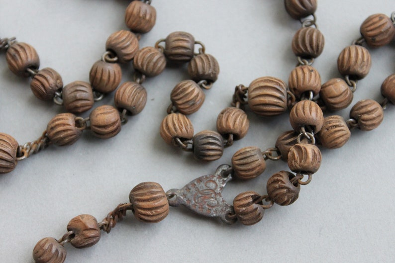 RARE Antique Saint Wilgefortis Antique French Rosary Chaplet / Bearded Lady / Crucified Saint / Victorian Carved Wood Melon Beads image 2