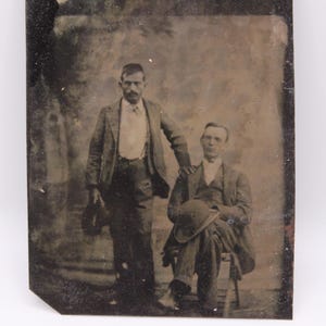 Antique Victorian Tintype Photograph of a Two Men /Full Body Tintype of Two Male Friends Brothers Lovers