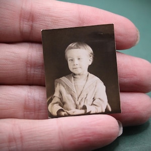 Tiny Edwardian Sepia Photograph of Little Boy - Portrait Locket Glossy Photo - Antique Photography Children