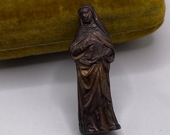 RARE Wax + Metal Antique Miniature Monastery Saint Statue / Tiny Catholic Reliquary Agnus Dei Shrine Icon Statue