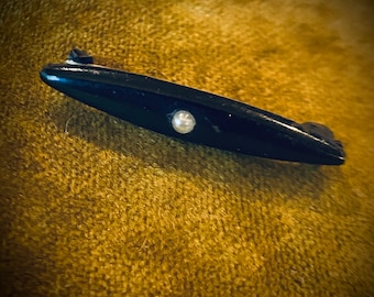 Tiny Victorian Mourning Enamel and Pearl Lingerie Pin