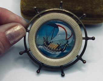 Antique Viking Ship Brooch - Handpainted Miniature Scandinavian Longship - Ship Helm Brooch - Nautical Jewelry