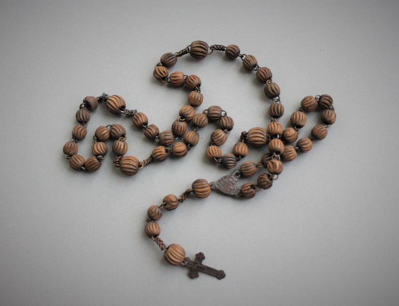 RARE Antique Saint Wilgefortis Antique French Rosary Chaplet / Bearded Lady / Crucified Saint / Victorian Carved Wood Melon Beads image 1