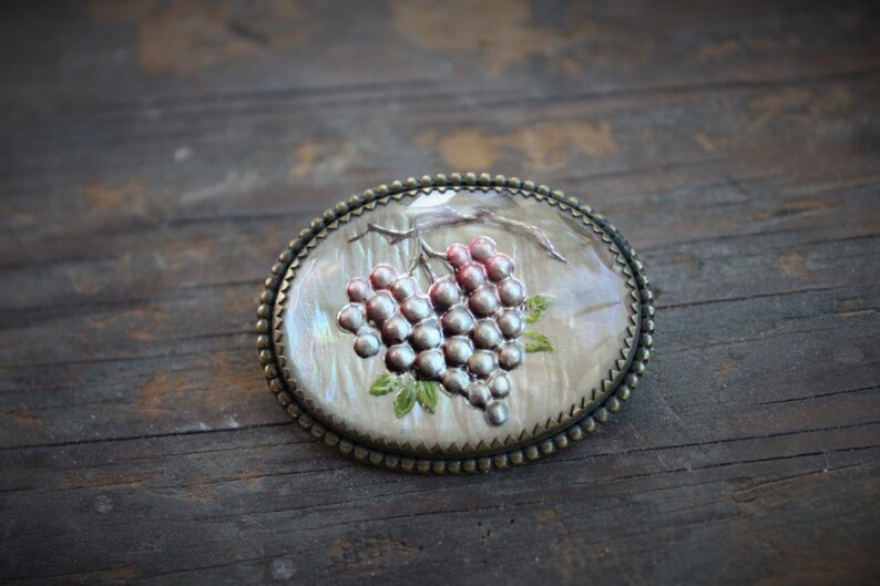 Antique Goofus Glass Tuscan Grape Brooch / Reverse Painted Etsy