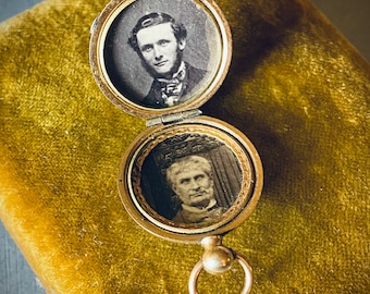 Victorian Engine Turned Pocket Watch Locket with Handsome Tintypes