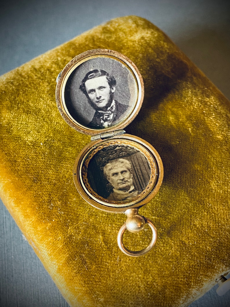 Victorian Engine Turned Pocket Watch Locket with Handsome Tintypes image 1
