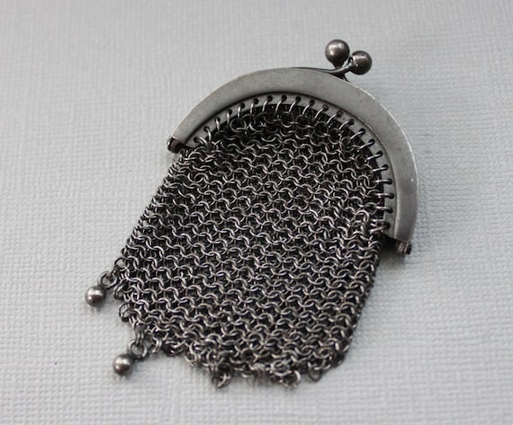 Tiny Antique French Gunmetal Mesh Chatelaine Coin… - image 2