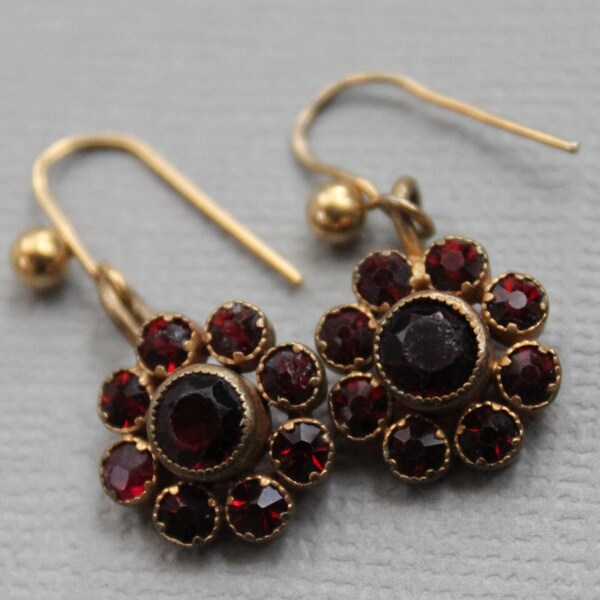 Edwardian Bohemian Garnet Flower Drop Earrings