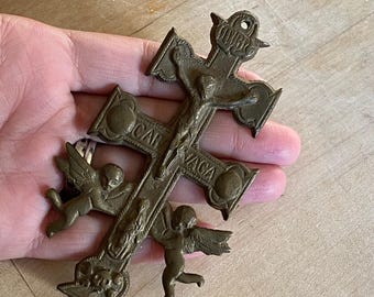 Large 1700s Spanish Bronze Caravaca Crucifix / Antique Spanish Colonial Catholic Reliquary Wall Cross