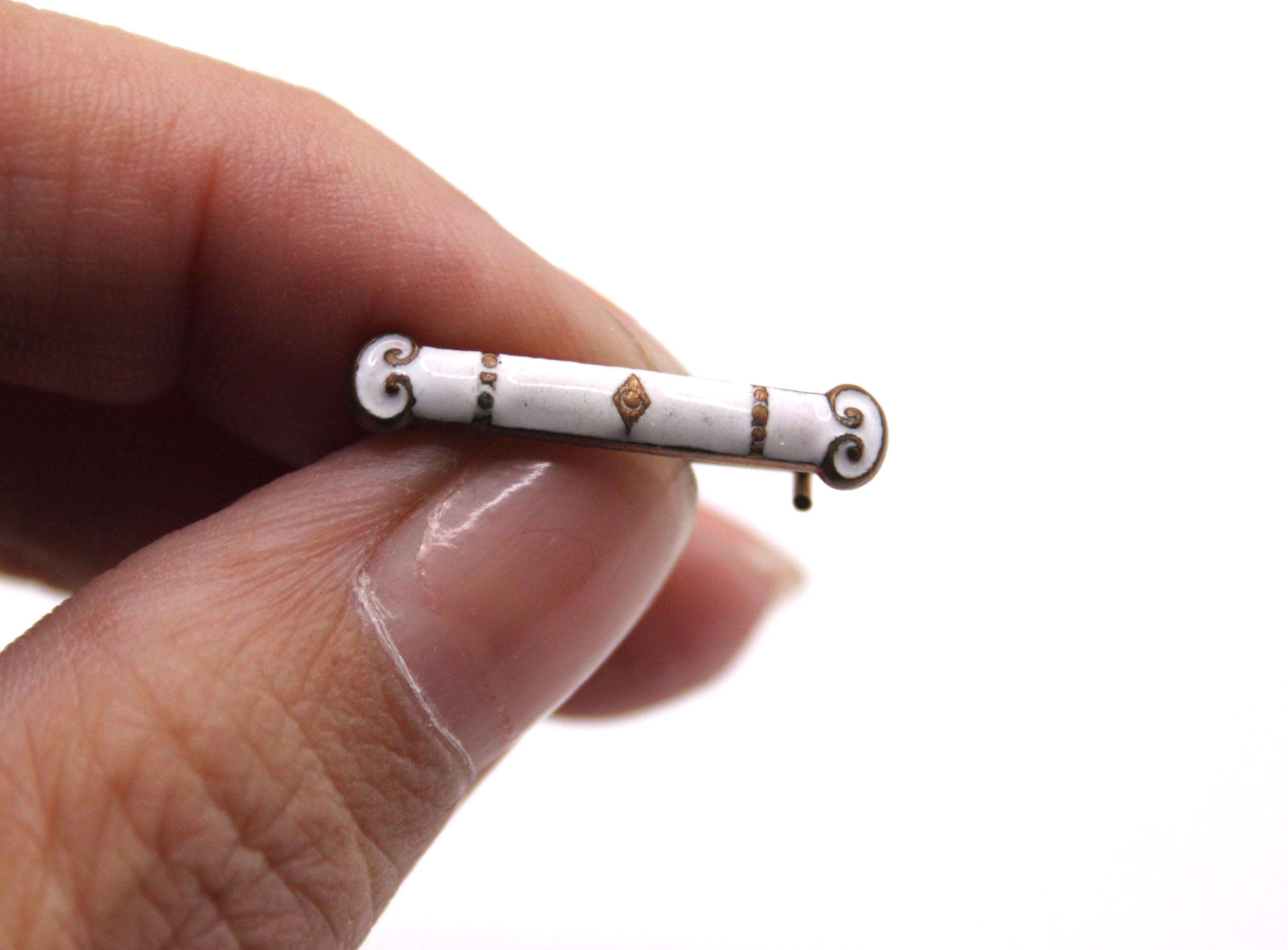 Tiny Victorian White Enamel and Gold Lingerie Pin / Antique Bridal Veil Lace Pin / 1800s Baby Pin