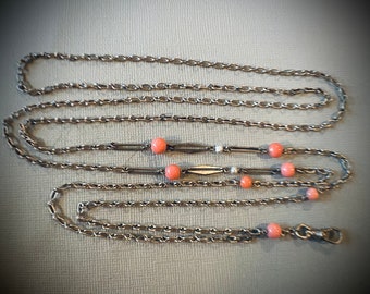 Long Victorian Silver Coral and Pearl Watch Chain Necklace / Antique Guard Chain