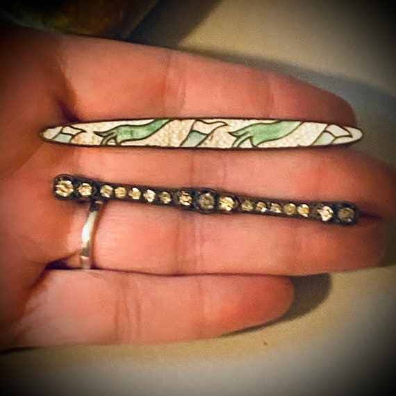 Two Antique Art Nouveau Guilloche Enamel and French Paste Bar Pins / Antique Brooch Lot