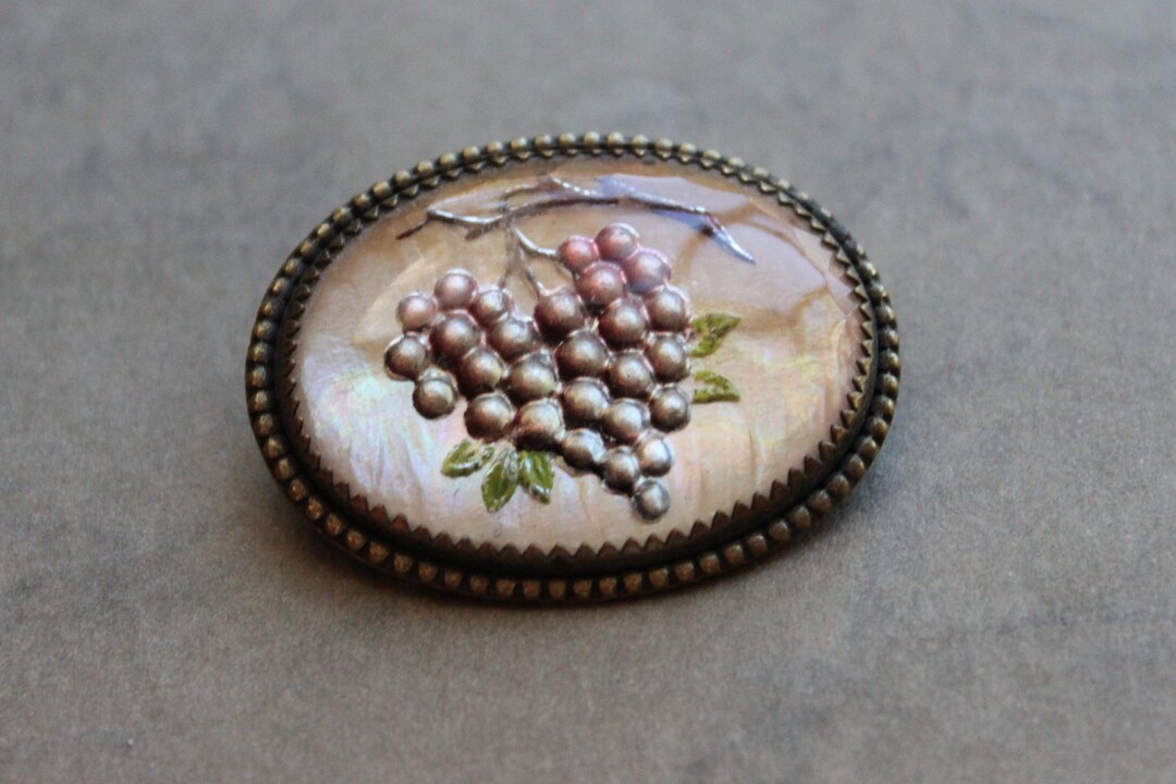 Antique Goofus Glass Tuscan Grape Brooch / Reverse Painted Etsy