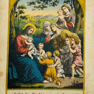 1800s German Catholic Prayer Card / Matthew 19:14 / Antique Religious Baptism Gift / Verlag Herder Lithograph