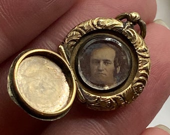 1840s TINY Daguerreotype in Original Deeply Carved Gold Victorian Engine Turned Pocket Watch Locket Fob / Georgian Miniature Daguerreotype