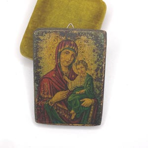 Antique Miniature Byzantine Wooden Icon of Madonna and Child / Catholic Religious Art / Mary and Infant Jesus Wall Hanging