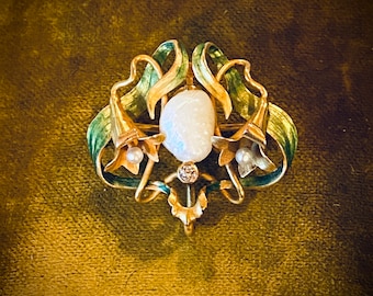 14k Gold Art Nouveau Diamond Pearl and Pastel Enamel Lily Convertible Brooch Watch Pin or Pendant / Unsigned Krementz / Whiteside & Blank