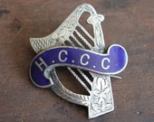 Large Victorian Silver Enamel Harp Brooch H.C.C.C. Antique Musical Instrument Band Orchestra Jewelry