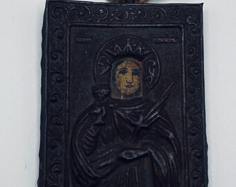 Antique 1800s Saint Barbara Miniature Greek Orthodox Hand Painted Icon in Wood and Metal