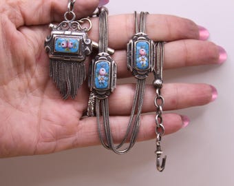 Antique French XIX Sterling Albertina Watch Chain Chatelaine Bracelet with Tassel and Turquoise Blue Enameled Slides