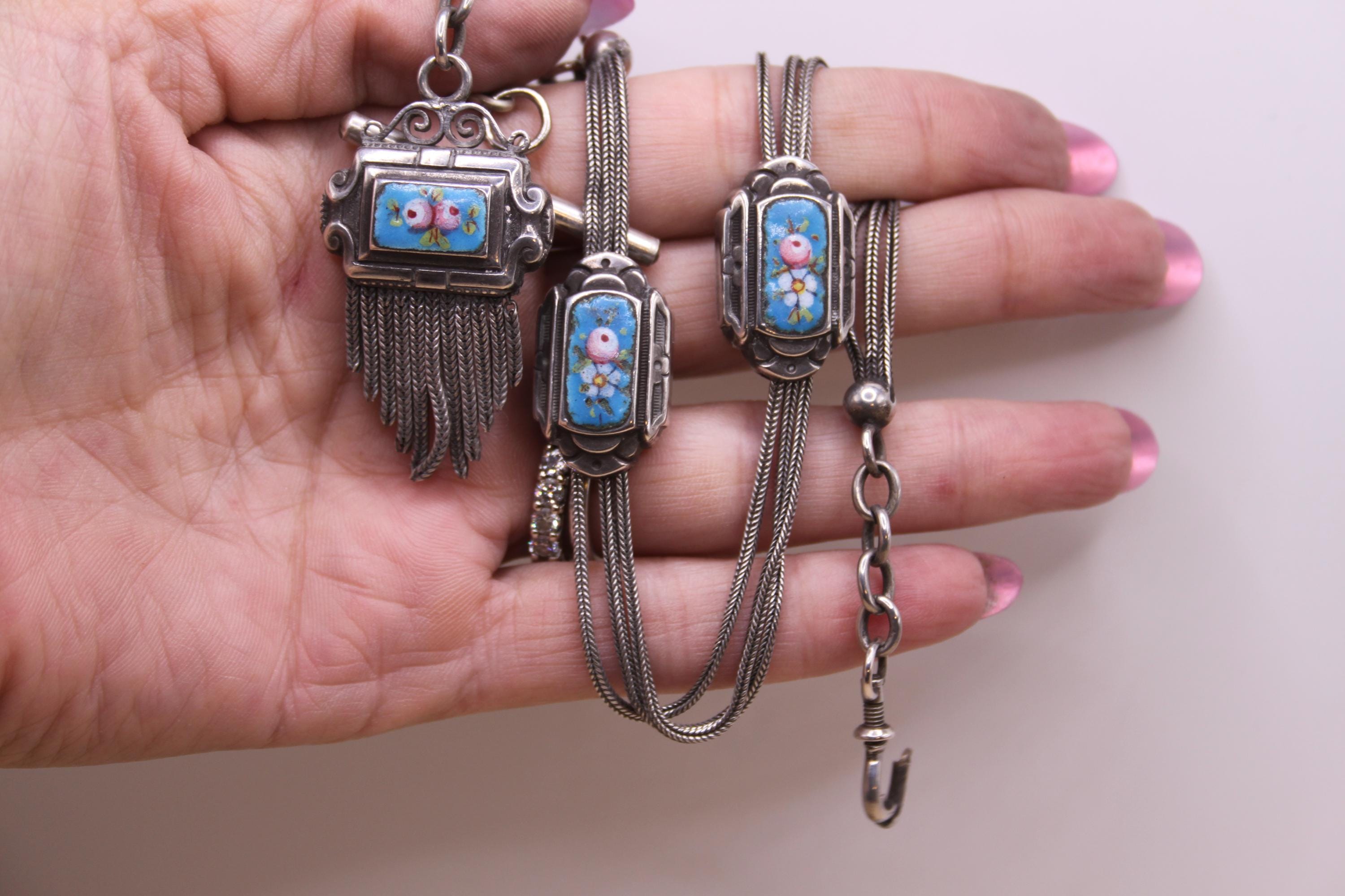 Antique French XIX Sterling Albertina Watch Chain Chatelaine