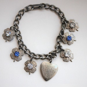 Antique Child&#39;s Charm Bracelet with The Lord&#39;s Prayer and Four Leaf Clover Paste Charms