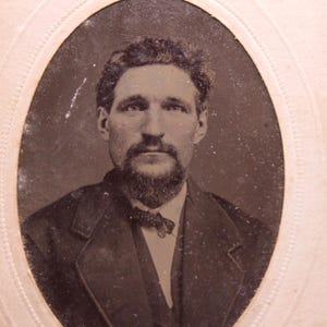 Antique Victorian Tintype Photograph of a Handsome Moustached Man in Decorative Paper Frame
