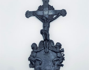 Large Antique Monastery Arma Christi Wall Crucifix with Angels and Instruments of The Passion