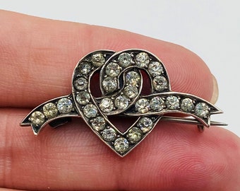 Antique Victorian Sterling Paste Heart Love Knot Brooch