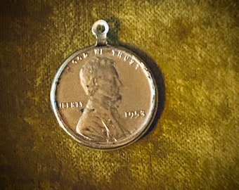 Rare 1953 Silver Wheat Penny Coin Pendant / Steel Penny Charm