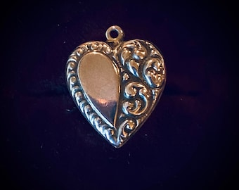 Antique Victorian Sterling Puffy Heart Love Token Charm with Lovers Monogram / GMA and EN