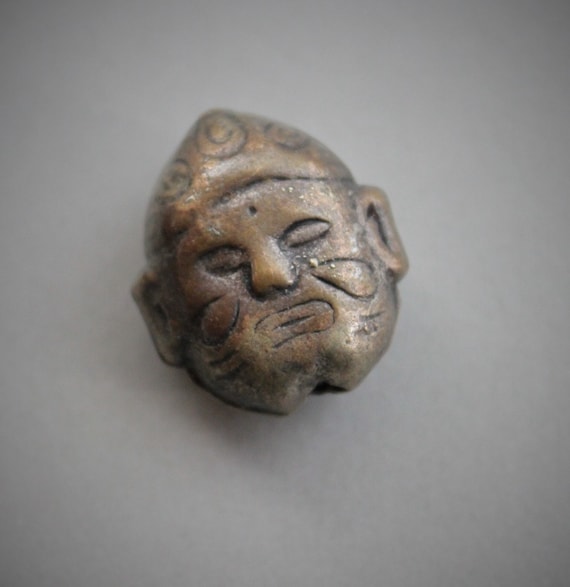 Meiji Period Japanese Two Faced God Ojime Netsuke Bead / Kabuki Mask Bead / Antique Jewelry Findings Supplies / Salvaged Antique Bead