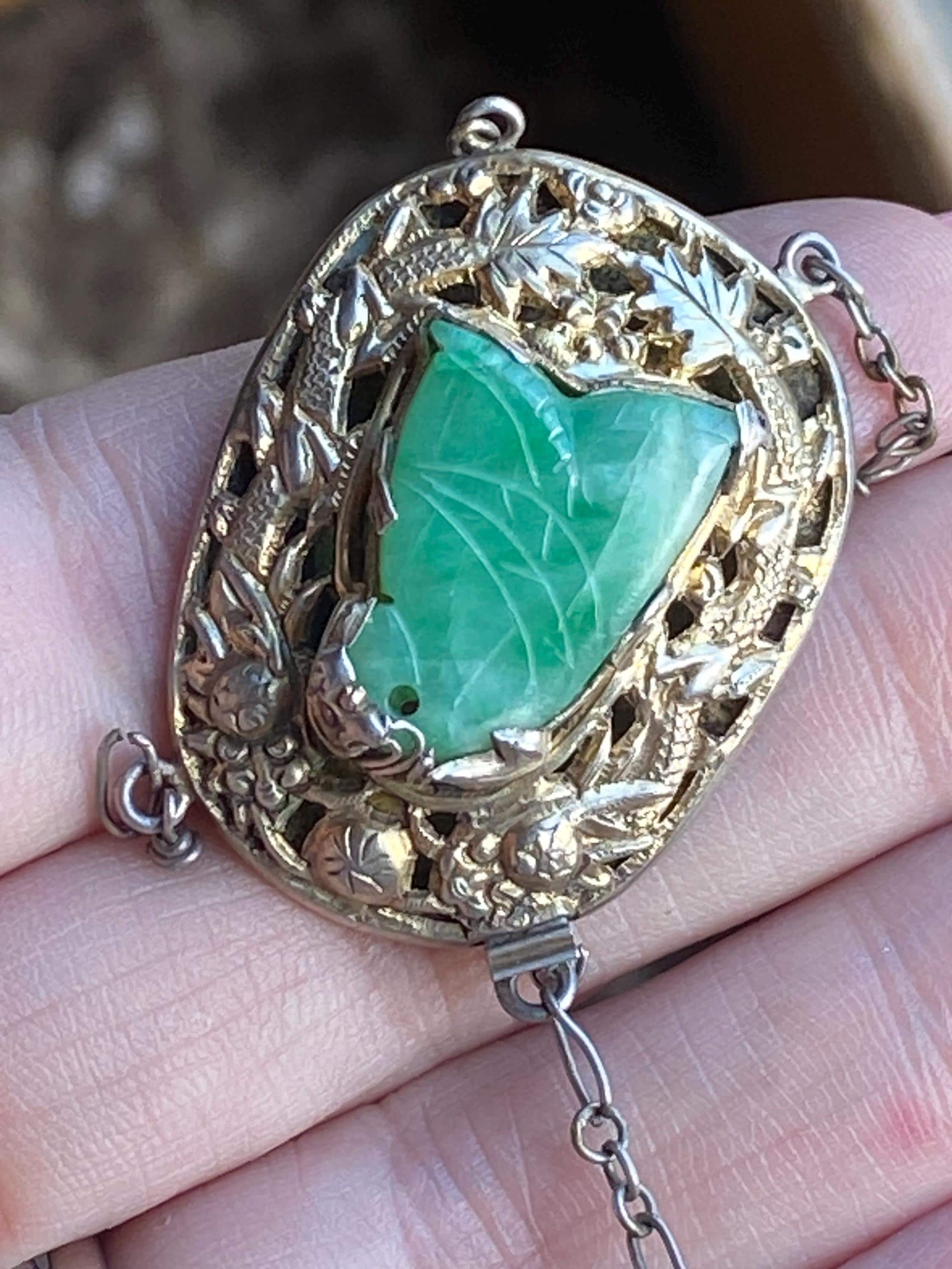 Rare 1890s Qing Dynasty Dragon Jade and Sterling Pendant / Clasp