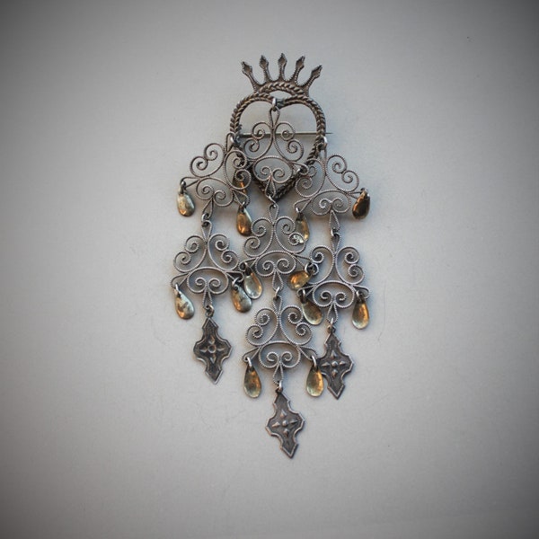 Large Antique Norwegian Solje Wedding Brooch / Crowned Heart / Protection Jewelry