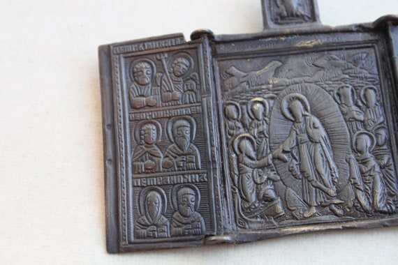 19th Century Minature Bronze Russian Orthodox Tryptic Icon / Jesus