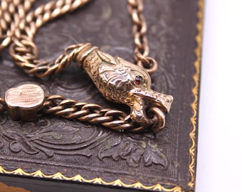 Antique Victorian Jeweled Dragon or Dolphin Head Watch Chain Fob with Engraved Stations and Garnets