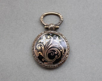 Large Victorian Enamel Mourning Locket with Gold Pique Flowers / Antique Locket