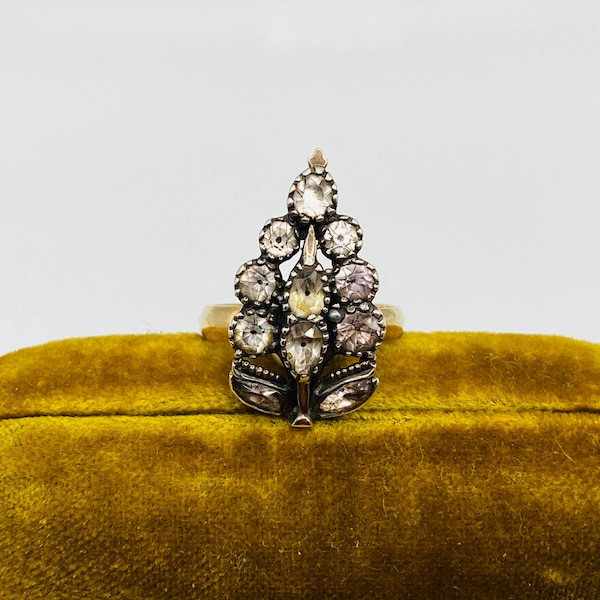 1700s Georgian Black Dot Paste Fern Ring - Floral Cluster Cocktail Ring - Size 6.5